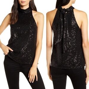 Chelsea28 Nordstrom Black High Neck Sequin Halter Top with Tie Back New With Tag